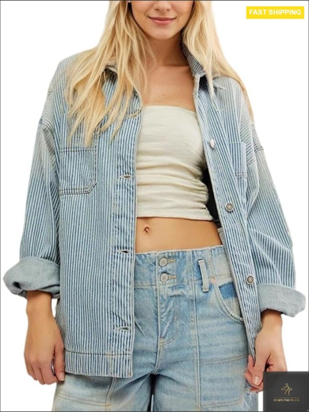 Striped Denim Jacket Oversized Boyfriend Jean Coat with Pockets